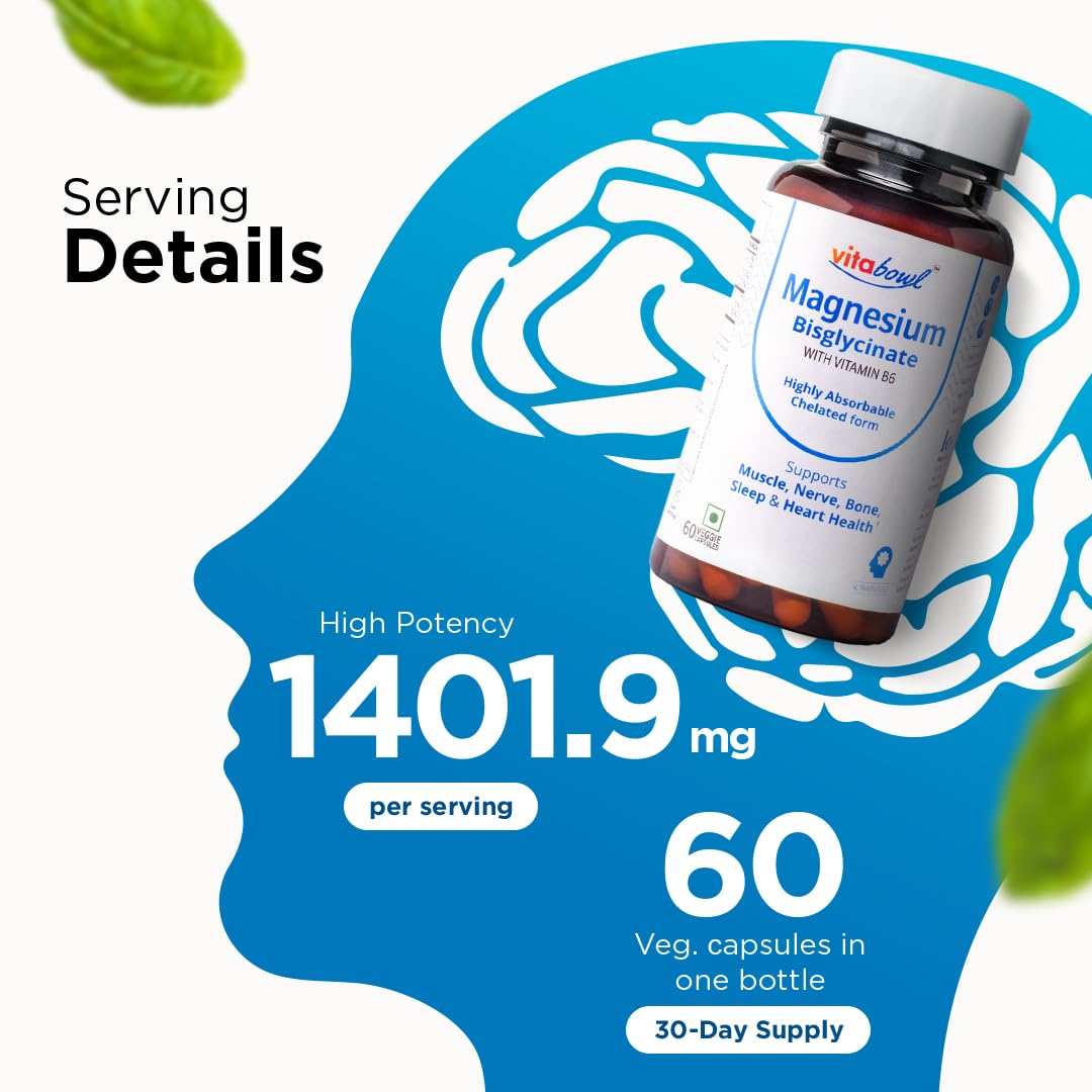 Magnesium Bisglycinate with Vitamin B6 | 100% Chelated | Highly Bioavailable & Rapid Absorption | Helps in Muscle Function & Relieves Cramps | Lab-Tested for Magnesium - 60 Veg Capsules