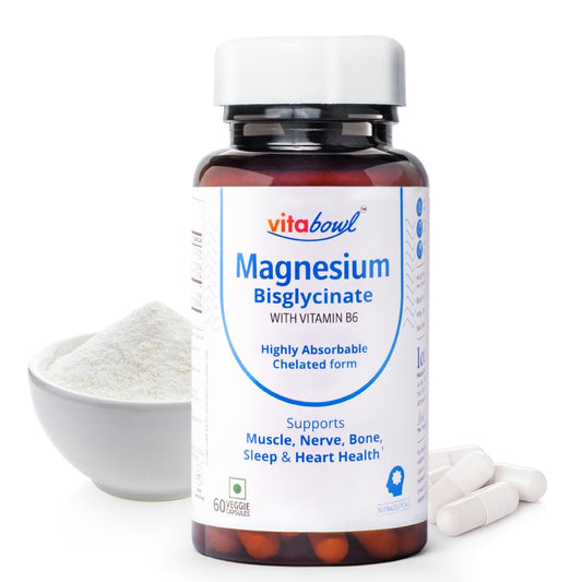 Magnesium Bisglycinate with Vitamin B6 | 100% Chelated | Highly Bioavailable & Rapid Absorption | Helps in Muscle Function & Relieves Cramps | Lab-Tested for Magnesium - 60 Veg Capsules