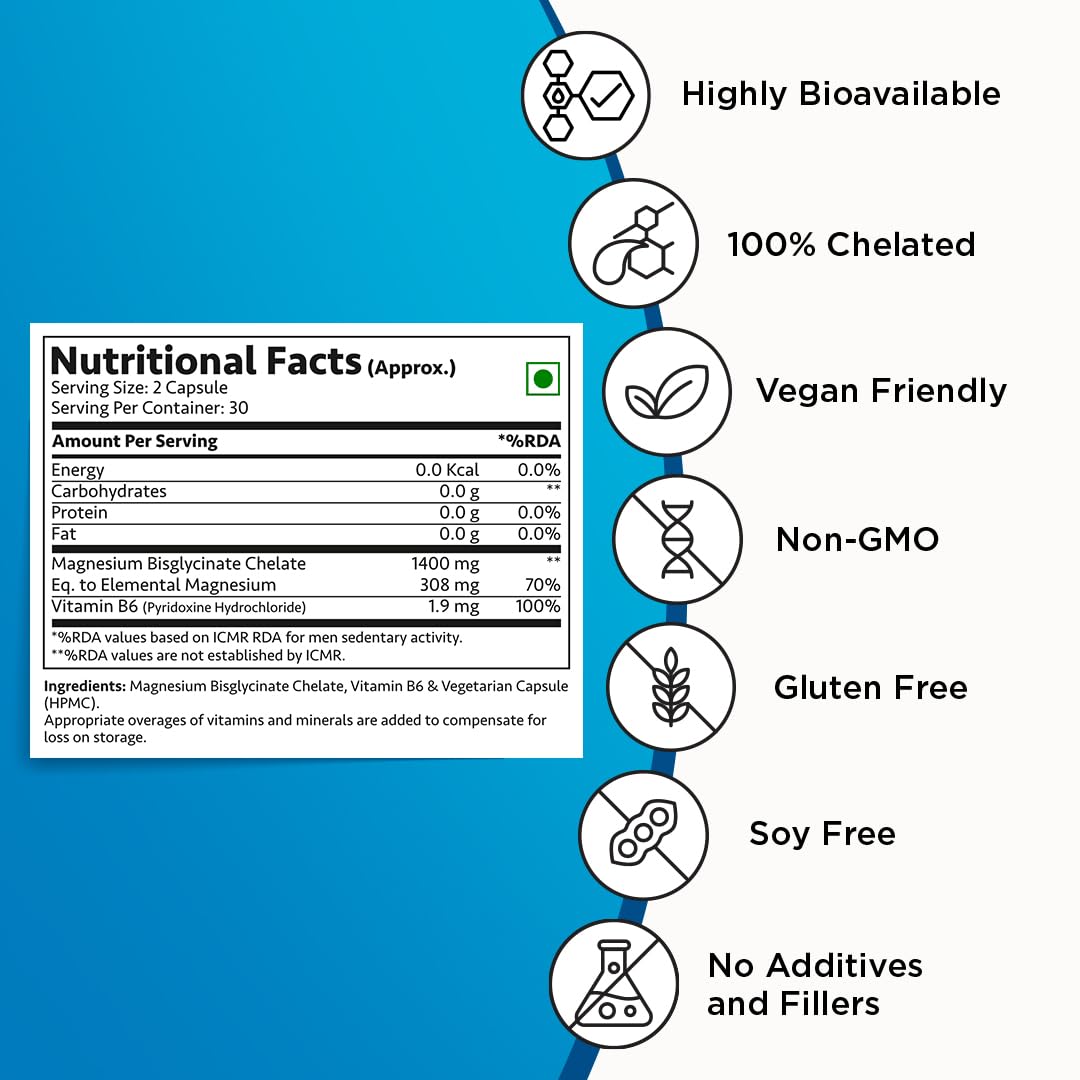 Magnesium Bisglycinate with Vitamin B6 | 100% Chelated | Highly Bioavailable & Rapid Absorption | Helps in Muscle Function & Relieves Cramps | Lab-Tested for Magnesium - 60 Veg Capsules