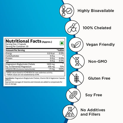 Magnesium Bisglycinate with Vitamin B6 | 100% Chelated | Highly Bioavailable & Rapid Absorption | Helps in Muscle Function & Relieves Cramps | Lab-Tested for Magnesium - 60 Veg Capsules
