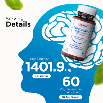 Magnesium Bisglycinate with Vitamin B6 | 100% Chelated | Highly Bioavailable & Rapid Absorption | Helps in Muscle Function & Relieves Cramps | Lab-Tested for Magnesium - 60 Veg Capsules