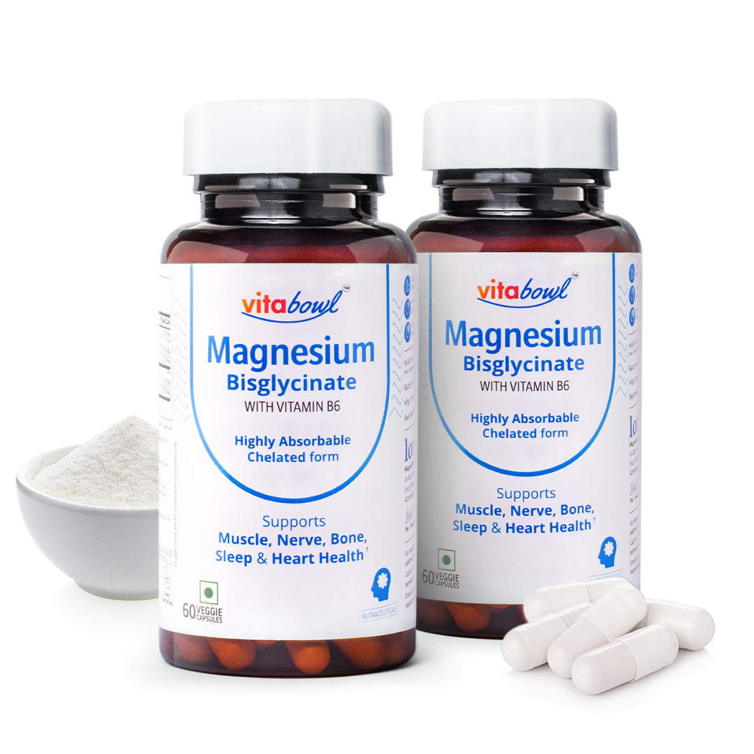 Magnesium Bisglycinate with Vitamin B6 | 100% Chelated | Highly Bioavailable & Rapid Absorption | Helps in Muscle Function & Relieves Cramps | Lab-Tested for Magnesium - 60 Veg Capsules