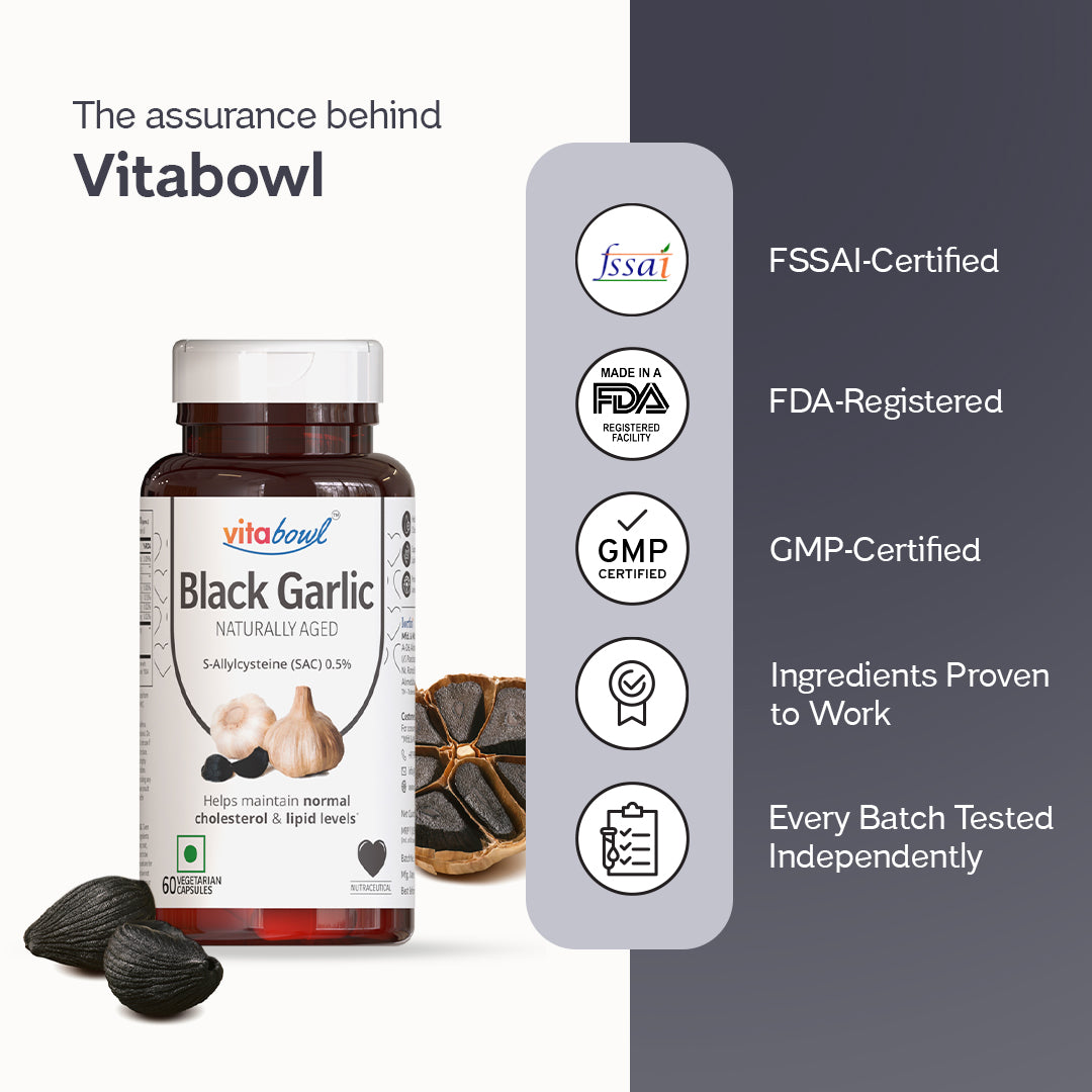 100% Natural & Organic Black Garlic Capsules | Made with 100% Cloves | 120 Days Naturally Aged & Fermented | Manages Cholesterol Levels & Lipid Profiles - 60 Veg Capsules