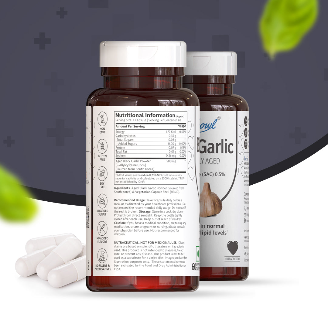 100% Natural & Organic Black Garlic Capsules | Made with 100% Cloves | 120 Days Naturally Aged & Fermented | Manages Cholesterol Levels & Lipid Profiles - 60 Veg Capsules