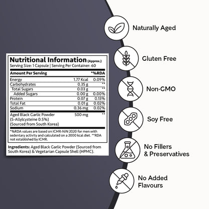 100% Natural & Organic Black Garlic Capsules | Made with 100% Cloves | 120 Days Naturally Aged & Fermented | Manages Cholesterol Levels & Lipid Profiles - 60 Veg Capsules