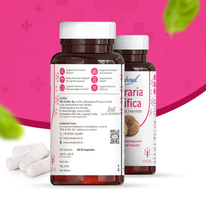 Vitabowl Pueraria Mirifica | Menopause & Hormonal Balance Support | Natural Phytoestrogens for Skin Hydration, Bone Health & Women’s Wellness | Sourced from Thailand | 60 Capsules (Pack of 1)