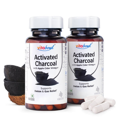 Activated Charcoal Capsules with Apple Cider Vinegar, Helps in Digestion, Bloating, Liver & Kidney Detox - 60 Veg Capsules - Vitabowl