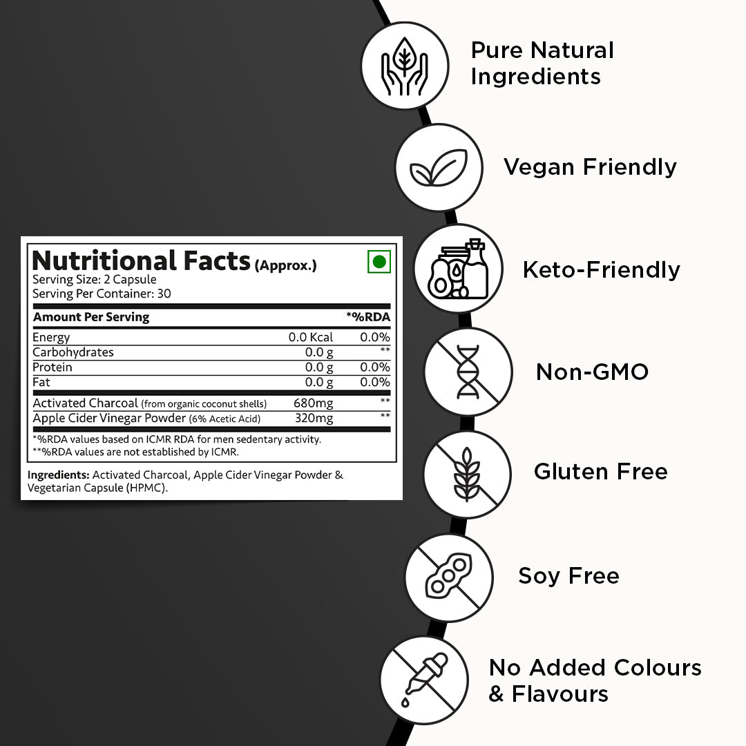 Activated Charcoal Capsules with Apple Cider Vinegar, Helps in Digestion, Bloating, Liver & Kidney Detox - 60 Veg Capsules - Vitabowl