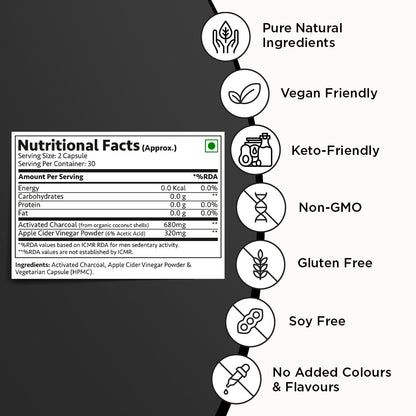 Activated Charcoal Capsules with Apple Cider Vinegar, Helps in Digestion, Bloating, Liver & Kidney Detox - 60 Veg Capsules - Vitabowl