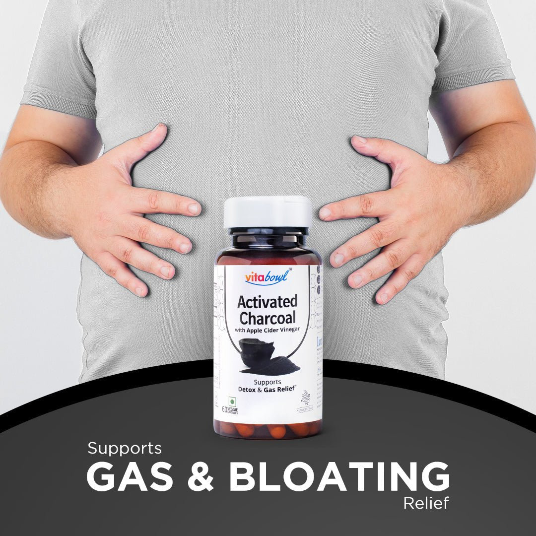 Activated Charcoal Capsules with Apple Cider Vinegar, Helps in Digestion, Bloating, Liver & Kidney Detox - 60 Veg Capsules - Vitabowl