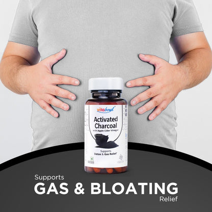 Activated Charcoal Capsules with Apple Cider Vinegar, Helps in Digestion, Bloating, Liver & Kidney Detox - 60 Veg Capsules - Vitabowl