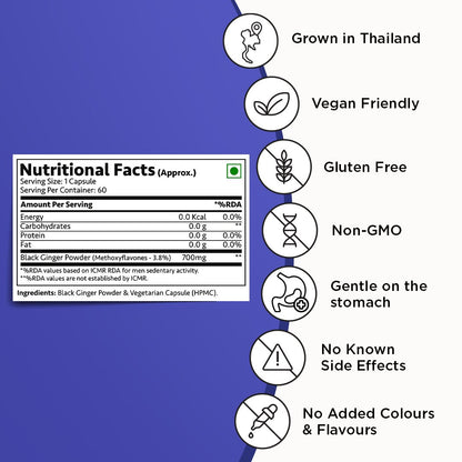 Organic Black Ginger Capsules, 100% Natural Testosterone Booster - 60 Veg Capsules - Vitabowl