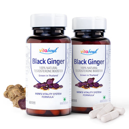 Organic Black Ginger Capsules, 100% Natural Testosterone Booster - 60 Veg Capsules - Vitabowl