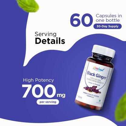Organic Black Ginger Capsules, 100% Natural Testosterone Booster - 60 Veg Capsules - Vitabowl